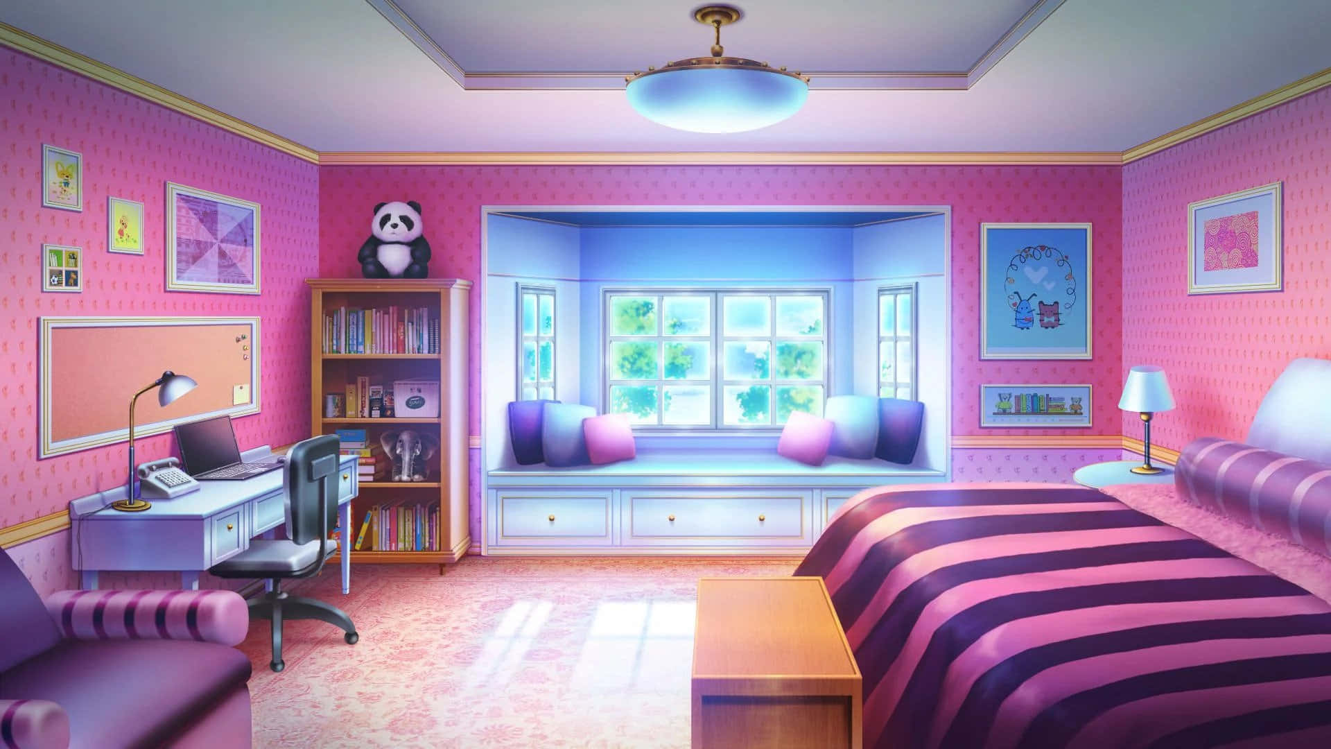 una habitación rosa con una cama y un escritorio Fondos de pantalla