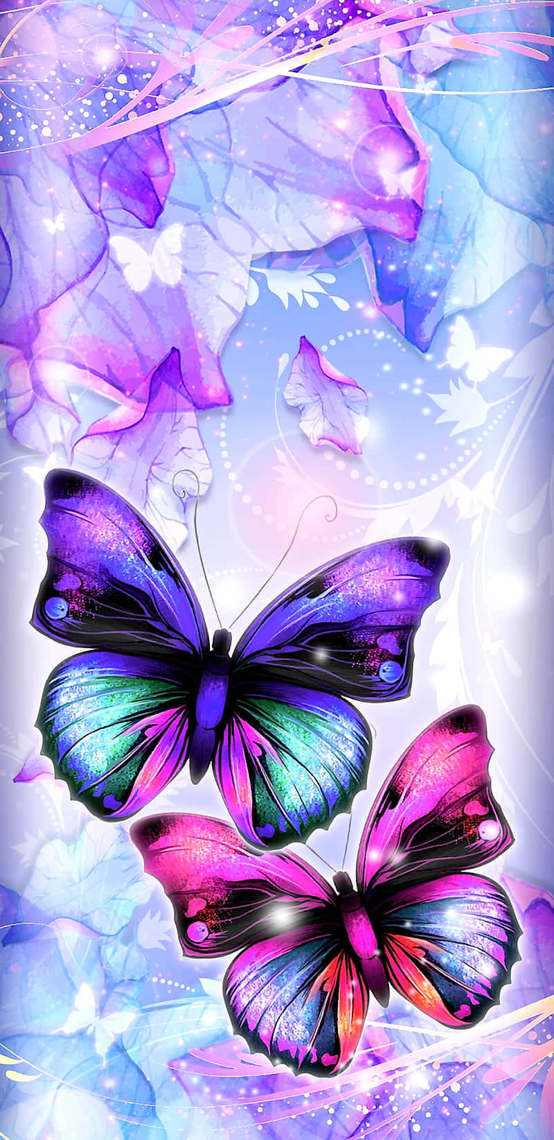 Una hermosa mariposa de estética pastel volando entre hojas verdes y cielo azul Fondos de pantalla