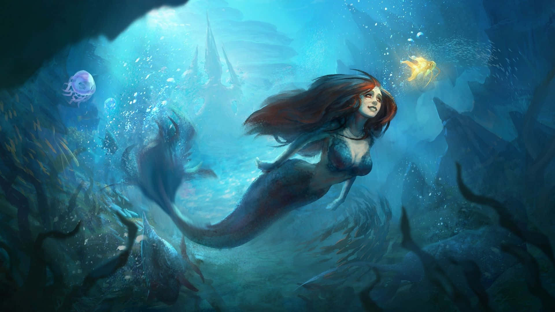Una hermosa sirena en un mundo submarino encantado. Fondos de pantalla