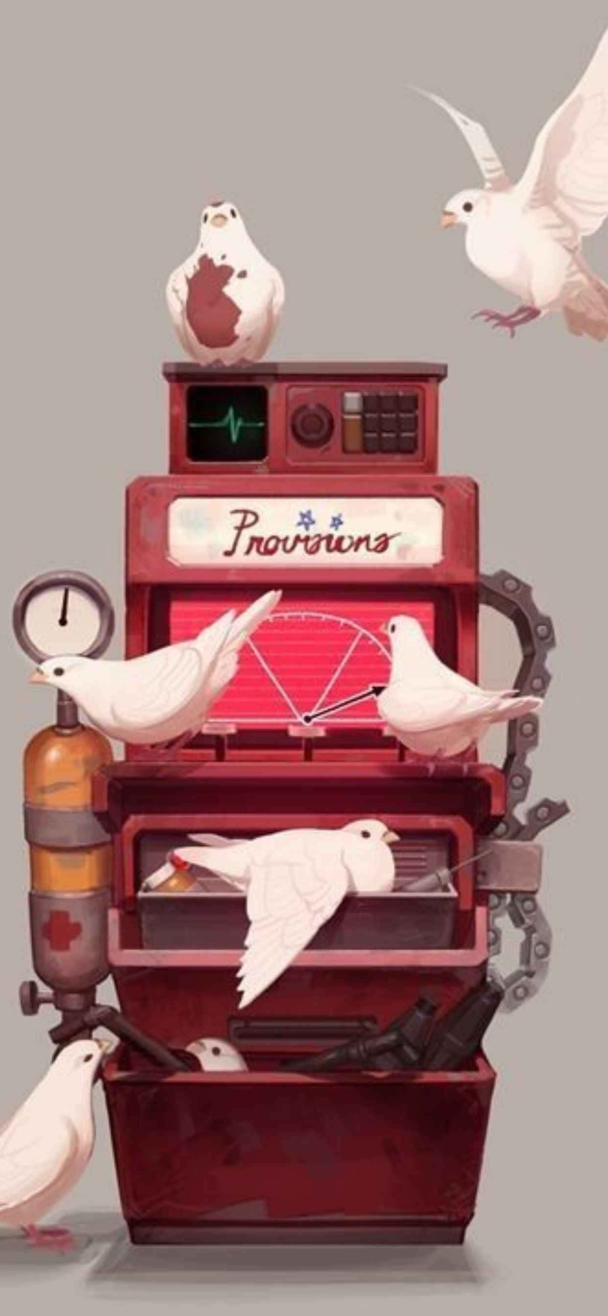 Una máquina roja con pájaros volando a su alrededor Fondos de pantalla