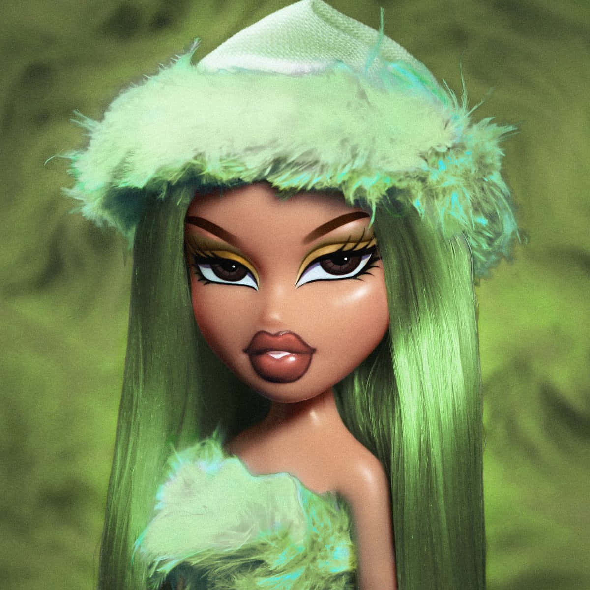 una muñeca con cabello largo verde y un sombrero de piel Fondos de pantalla