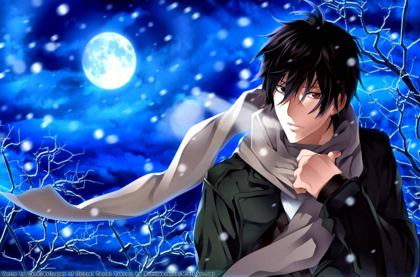 Fondo de pantalla HD de noche invernal con nieve y chico anime