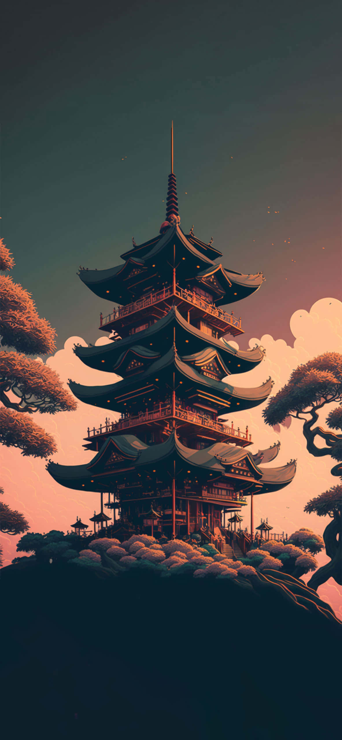 una pagoda en una colina con árboles al fondo Fondos de pantalla