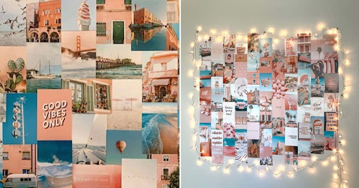 una pared con cuadros y luces colgando Fondos de pantalla