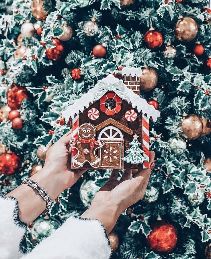 Una persona sosteniendo una casa de jengibre frente a un árbol de Navidad Fondos de pantalla