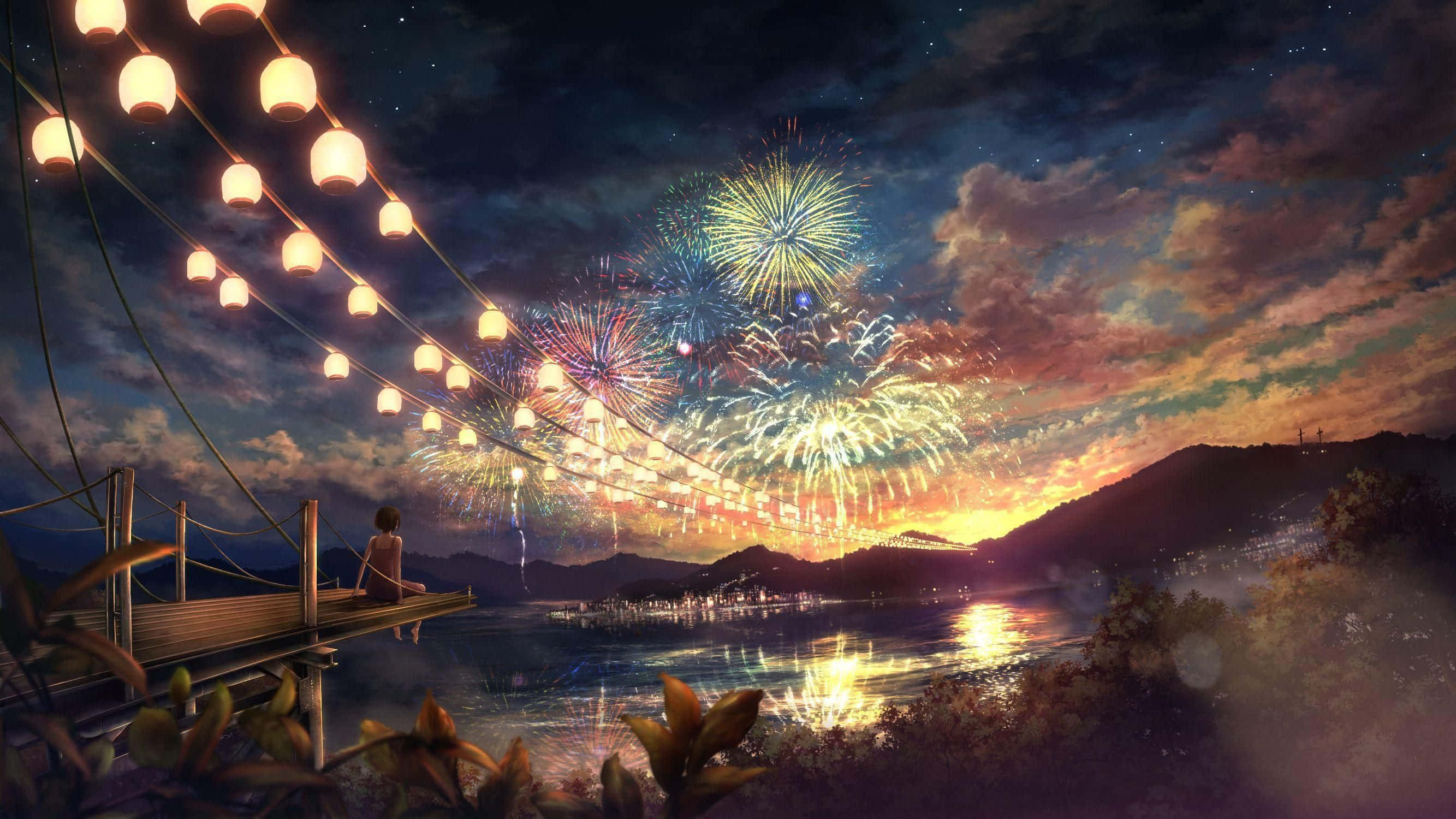 Una pintura de fuegos artificiales sobre un puente y un lago Fondos de pantalla