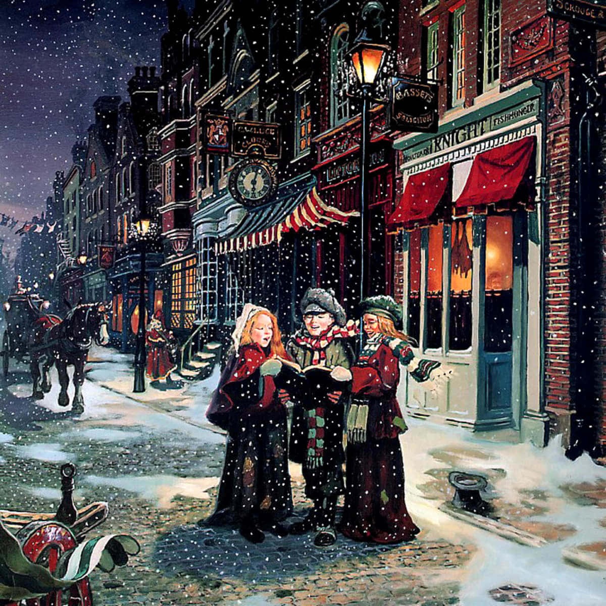 una pintura de personas en una calle nevada Fondos de pantalla