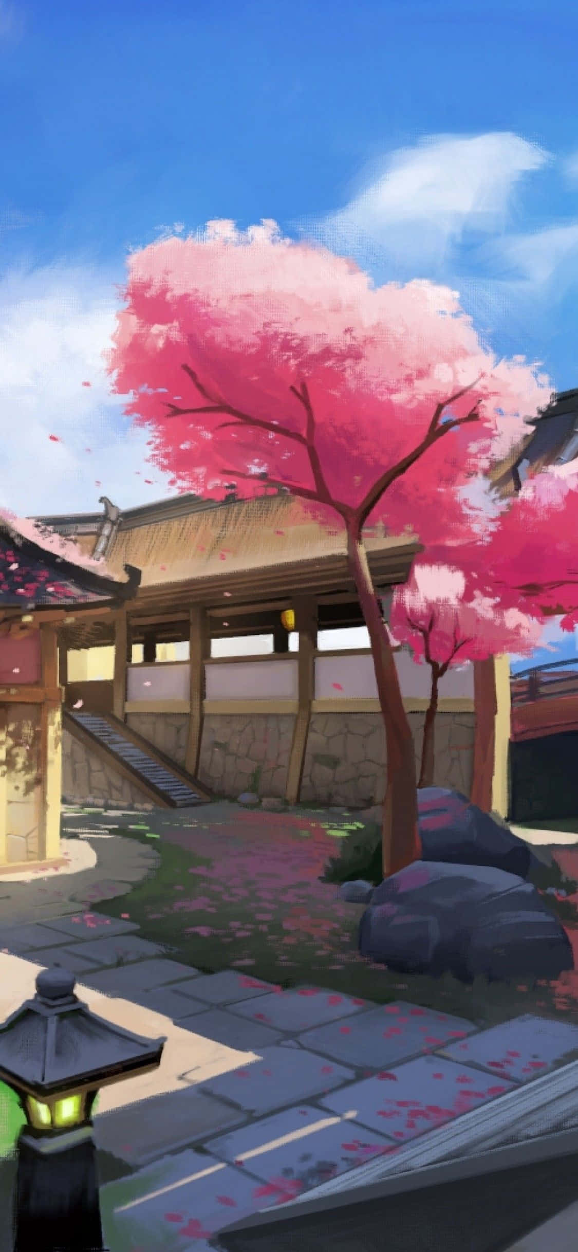 una pintura de un edificio rosa con un árbol rosa Fondos de pantalla