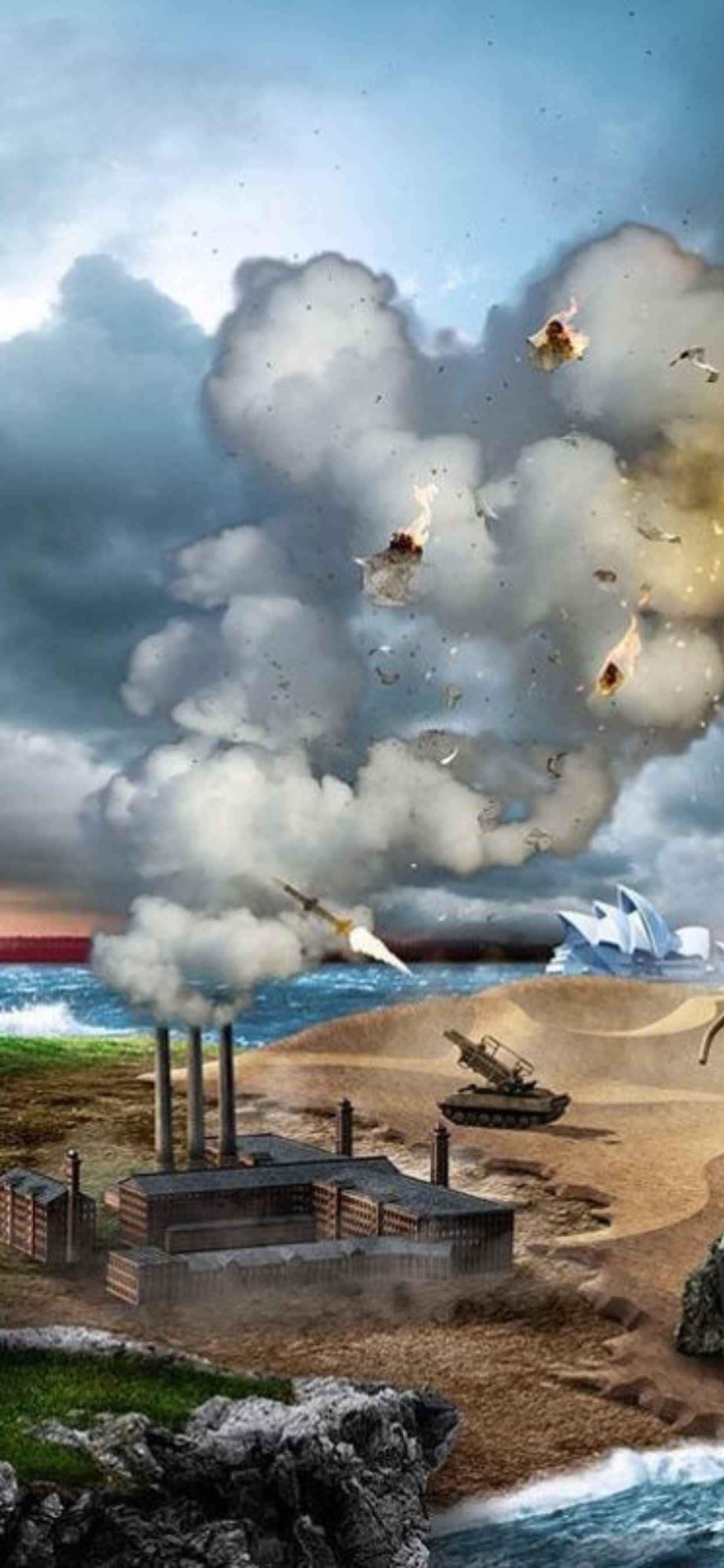 Una pintura de una planta de energía nuclear con humo saliendo de ella Fondos de pantalla