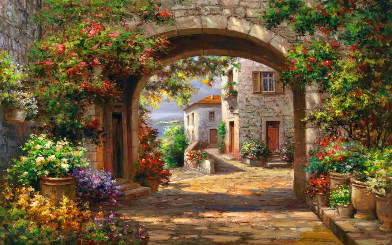 Una pintura de un arco con flores Fondos de pantalla