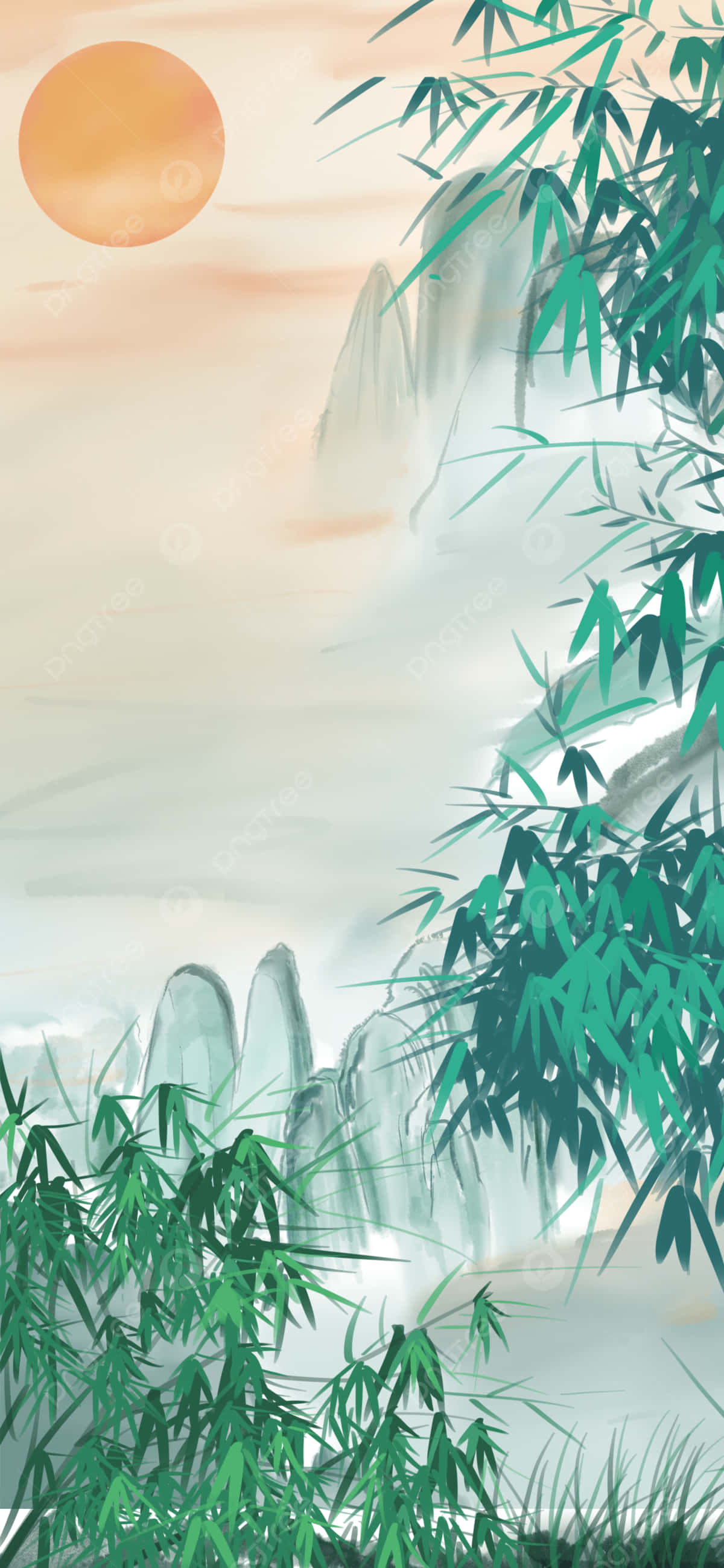 Una pintura de un bosque de bambú con montañas Fondos de pantalla