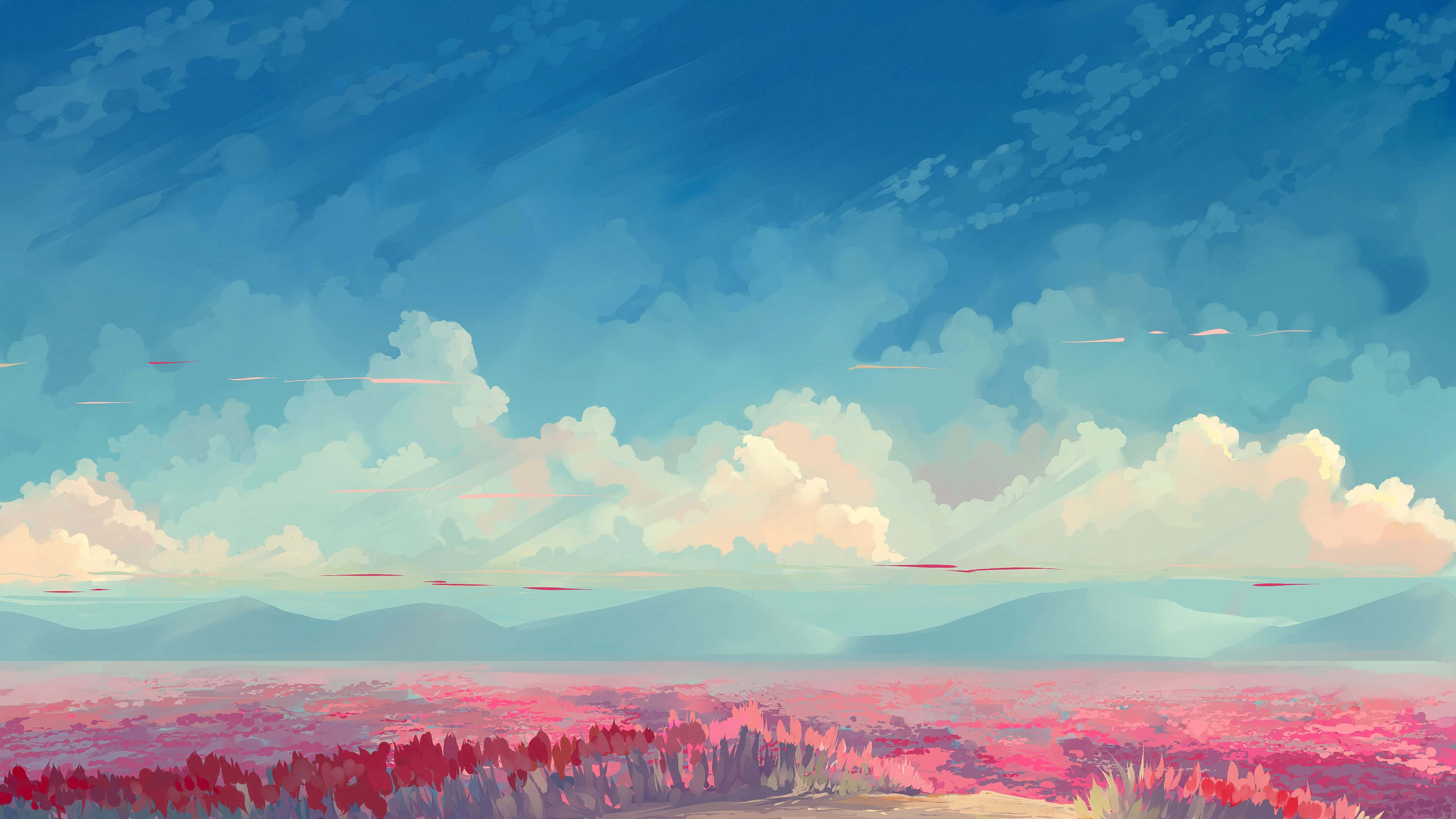 Una pintura de un campo con nubes Fondos de pantalla