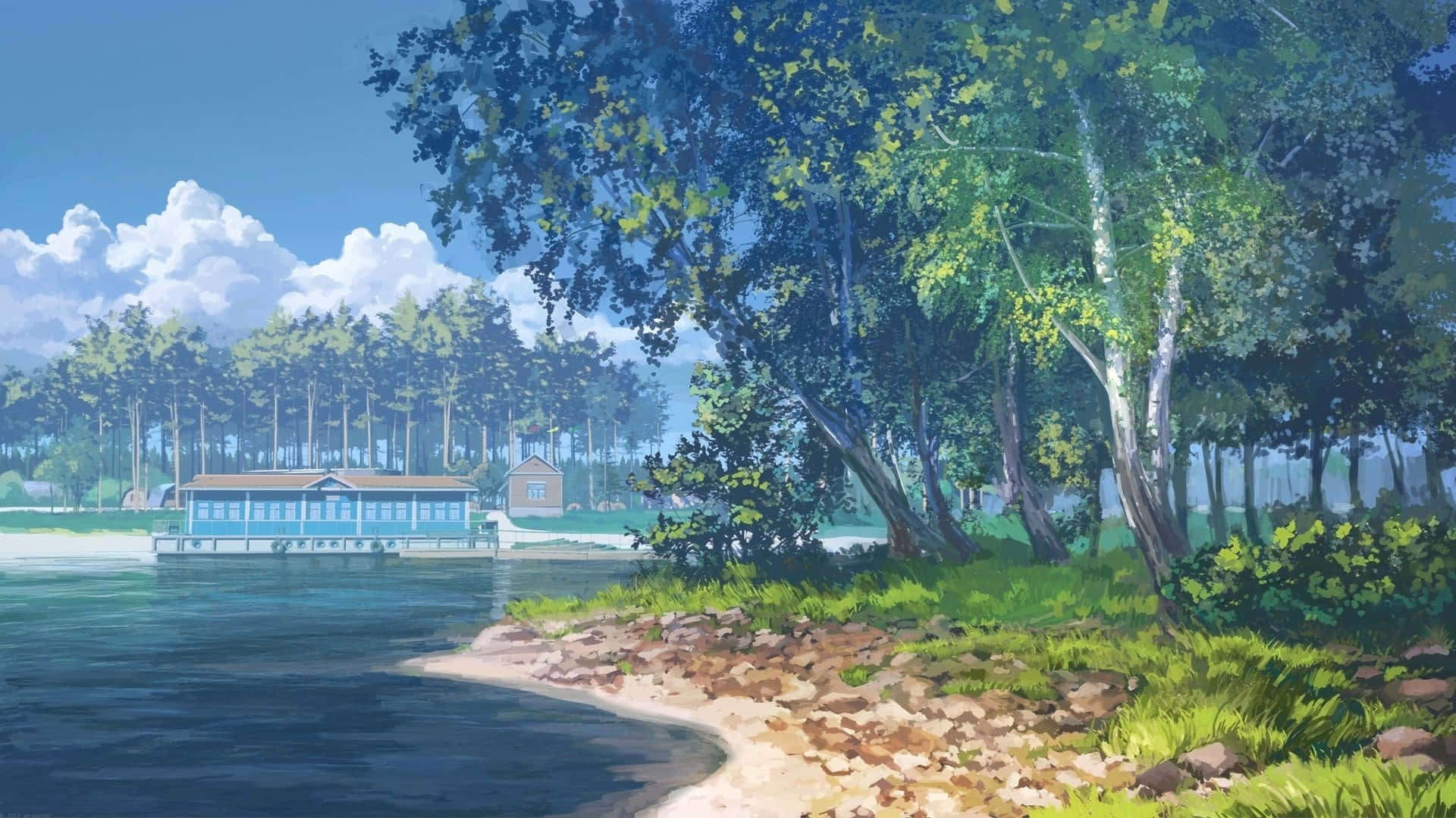 una pintura de un lago con una casa en él Fondos de pantalla