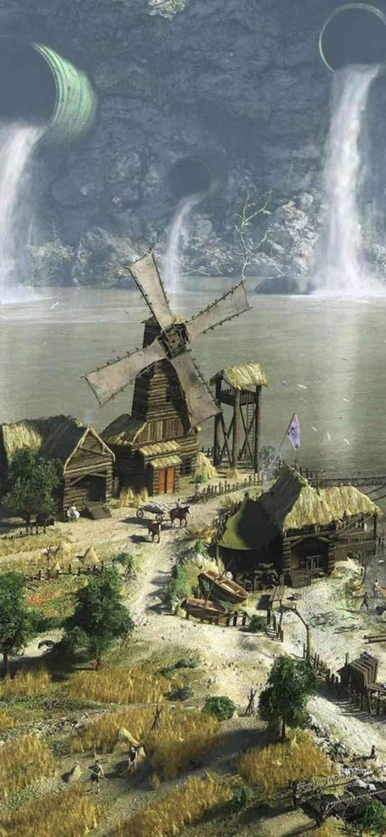 una pintura de un molino de viento y una cascada Fondos de pantalla