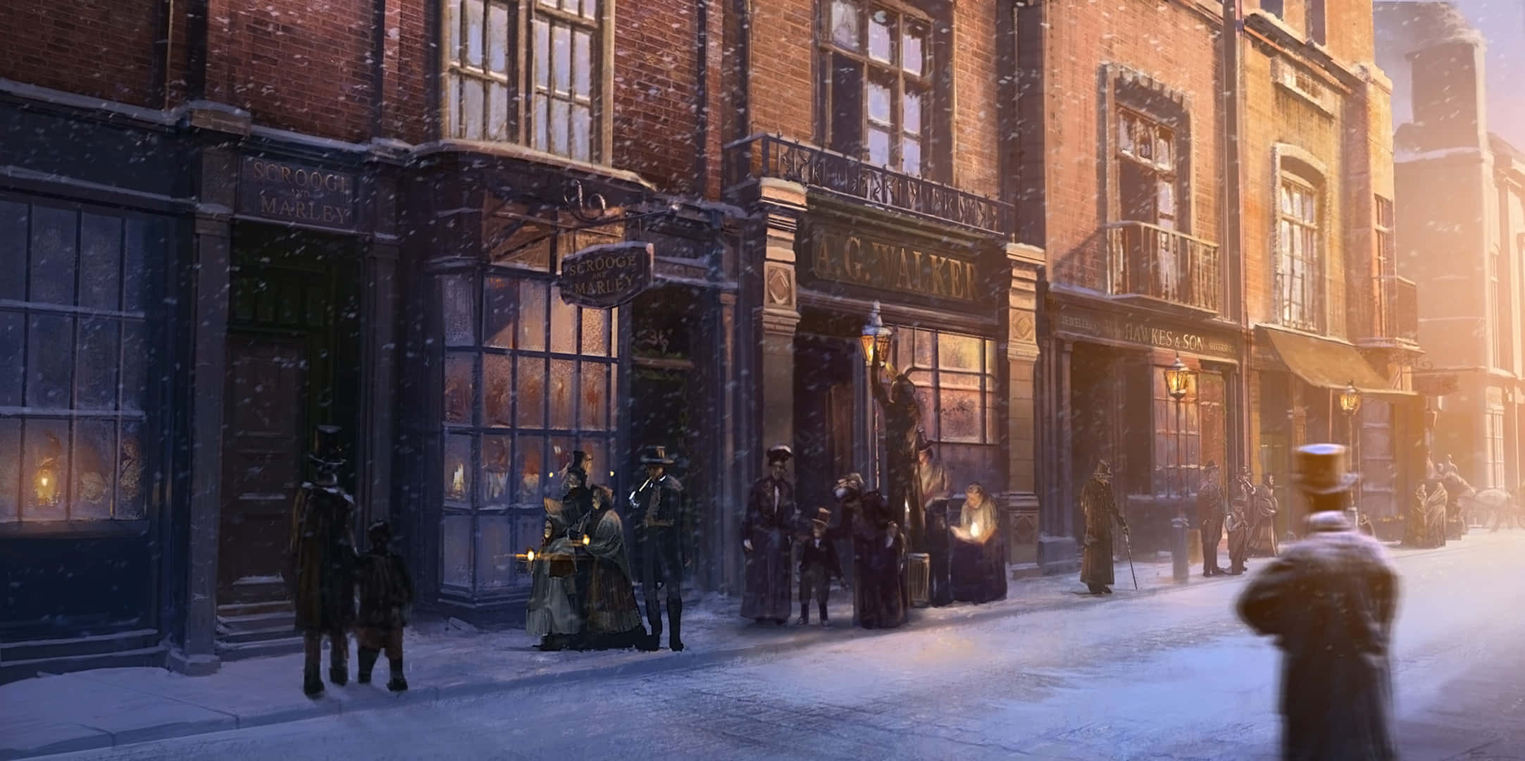 Una pintura de una calle nevada con personas caminando por ella Fondos de pantalla