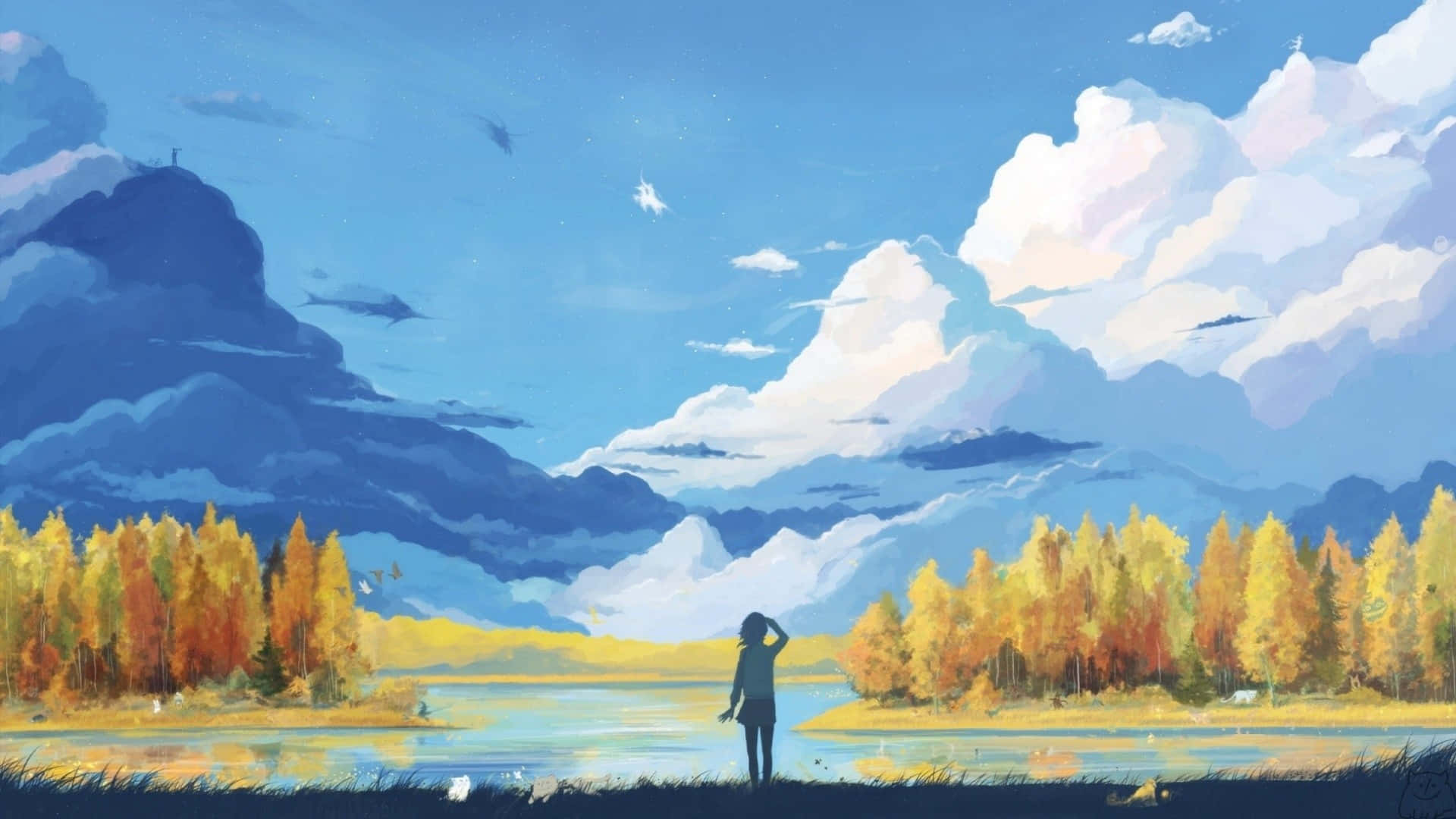 una pintura de una persona de pie en un campo con árboles y nubes Fondos de pantalla
