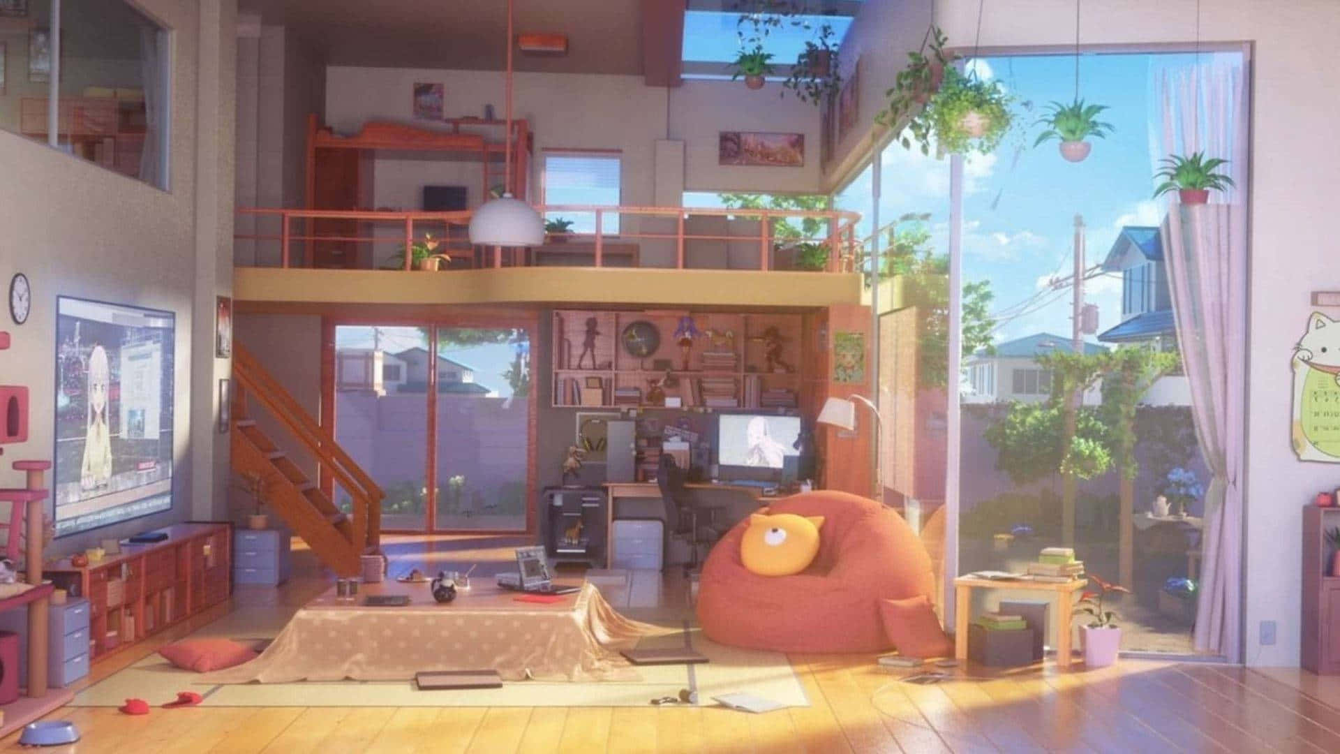 una sala con un sofá, una silla y una ventana Fondos de pantalla