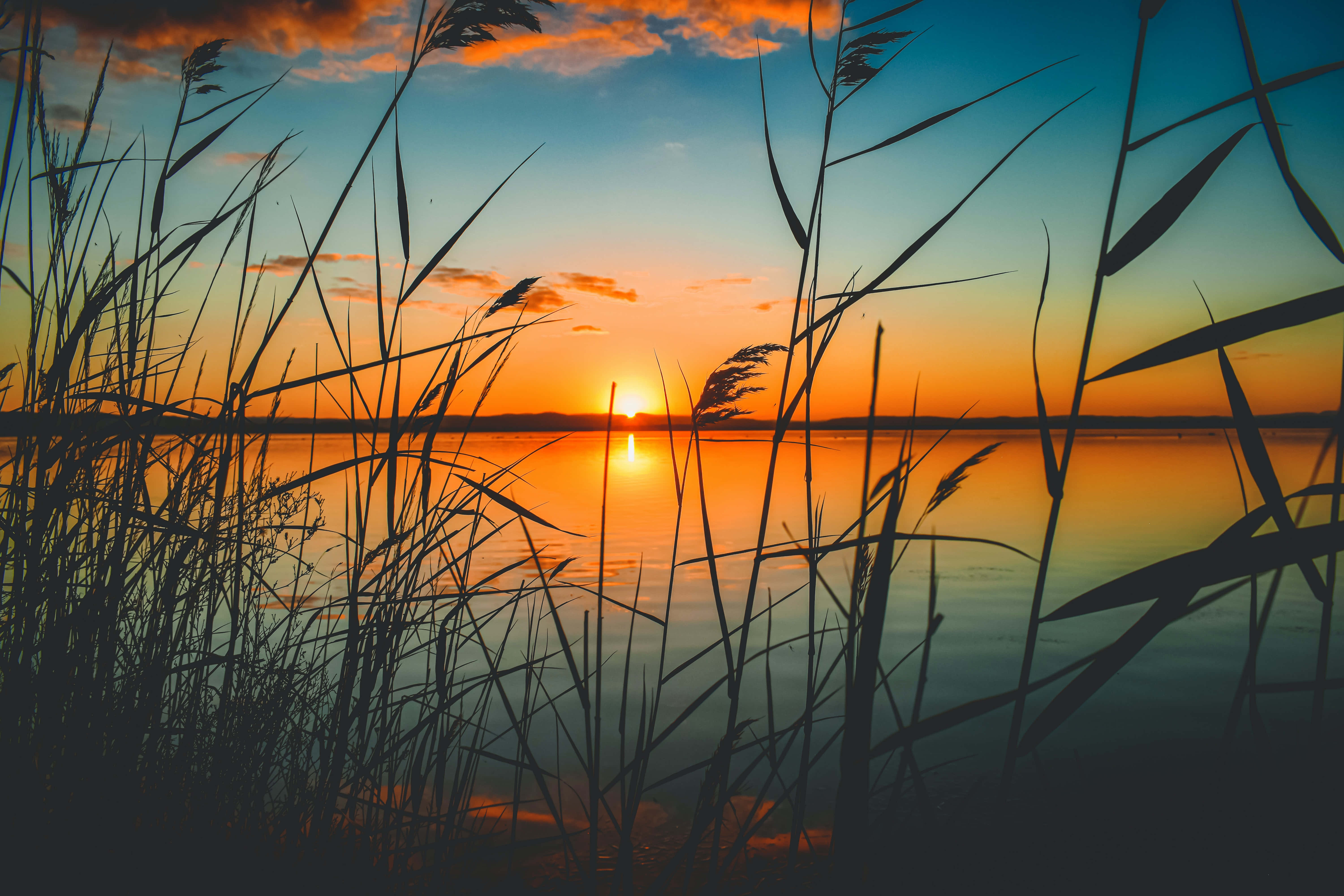 Una serena puesta de sol sobre un lago tranquilo Fondos de pantalla