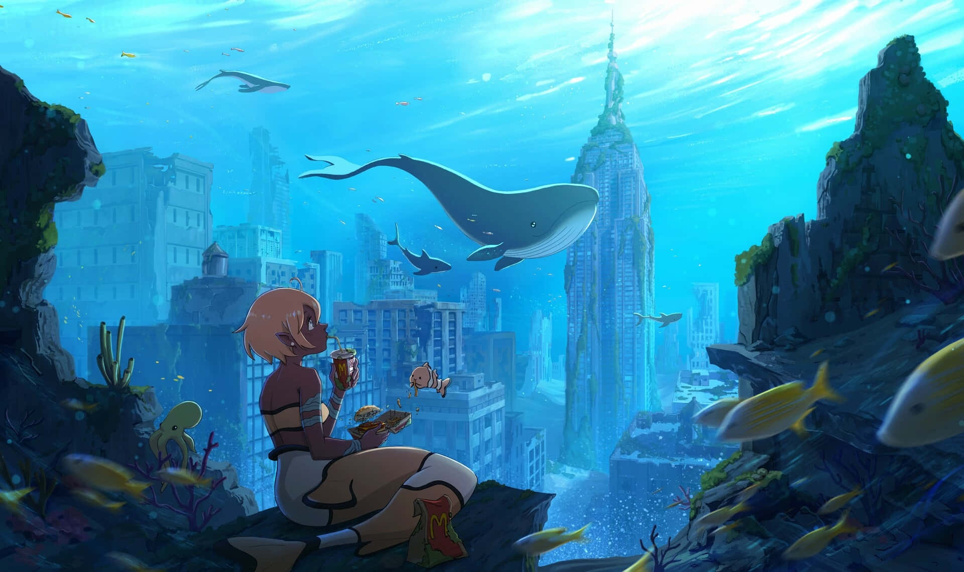 Una sirena adorna el océano profundo, rodeada de un banco de peces. Fondos de pantalla