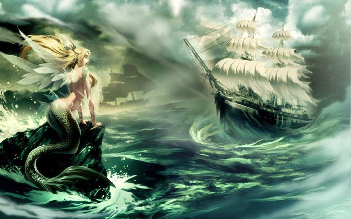 Fondo de pantalla de sirena desconcertada observando un barco en el océano tormentoso.