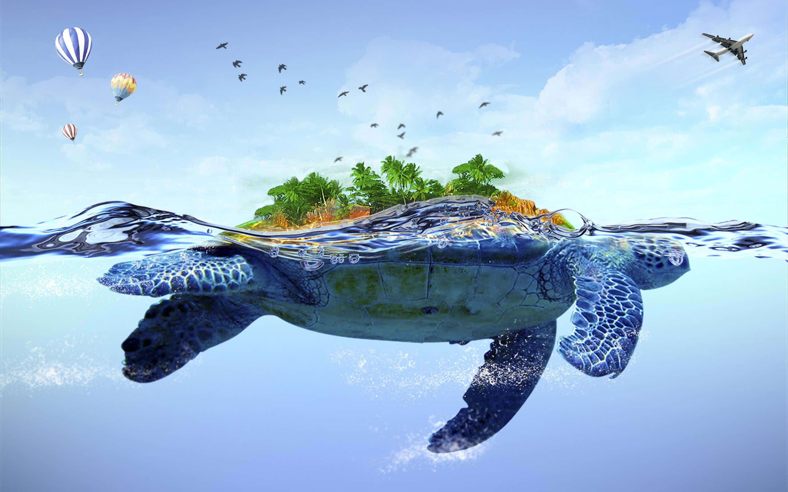 una tortuga nadando en el océano con un árbol y globos Fondos de pantalla