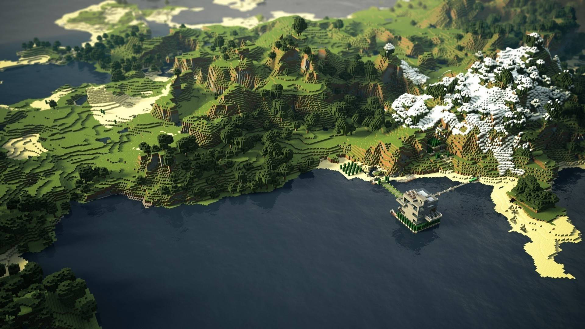 Fondo de pantalla de bioma de bosque verde con lago en Minecraft