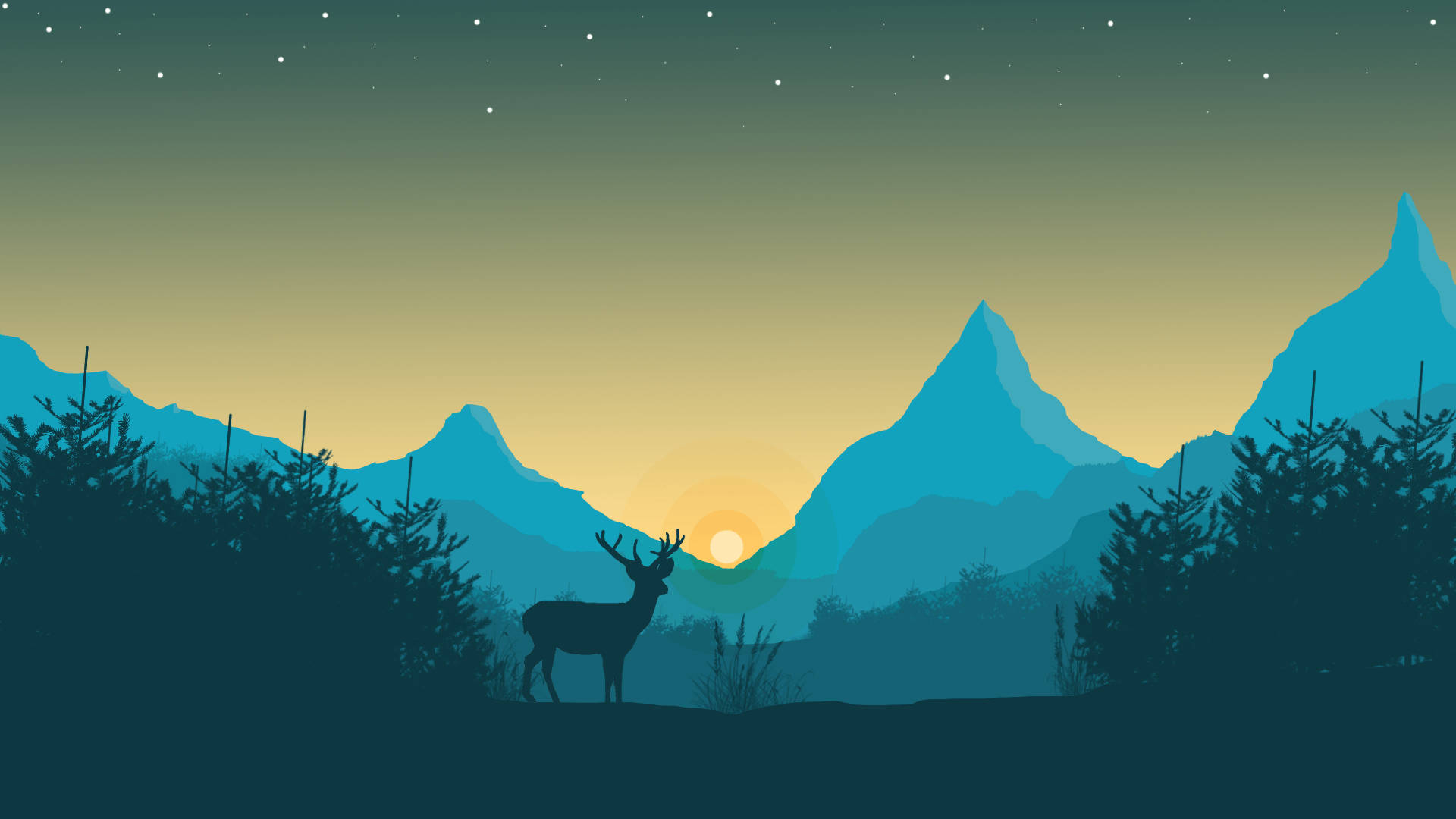 Fondo de pantalla azul minimalista de ciervo y montaña