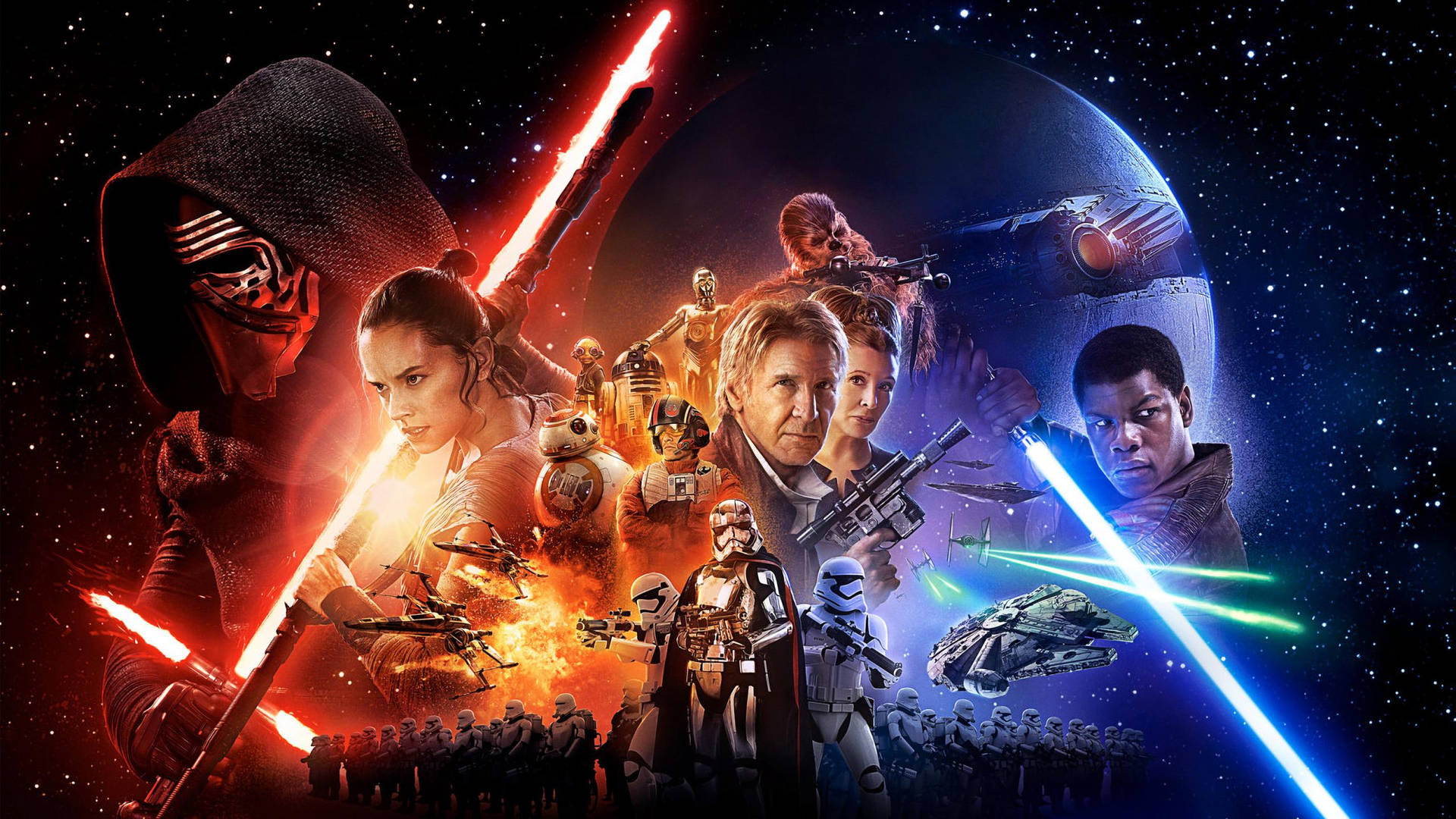 Un fondo de pantalla impresionante de personajes de Star Wars, equipo rojo y azul con espadas de rayos