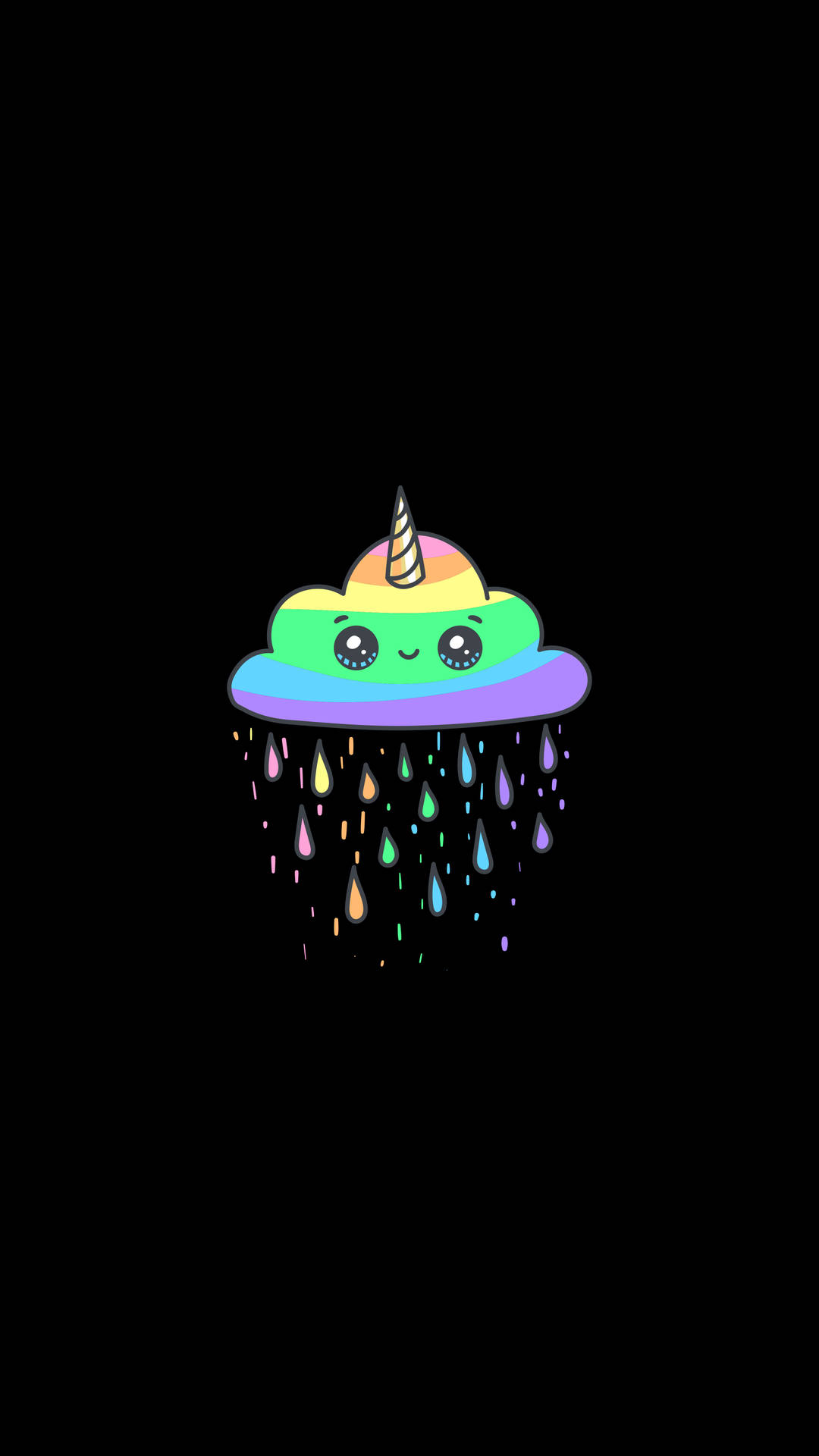Nube de unicornio con colores de arcoíris liberando gotas de lluvia coloridas sobre un fondo negro minimalista.