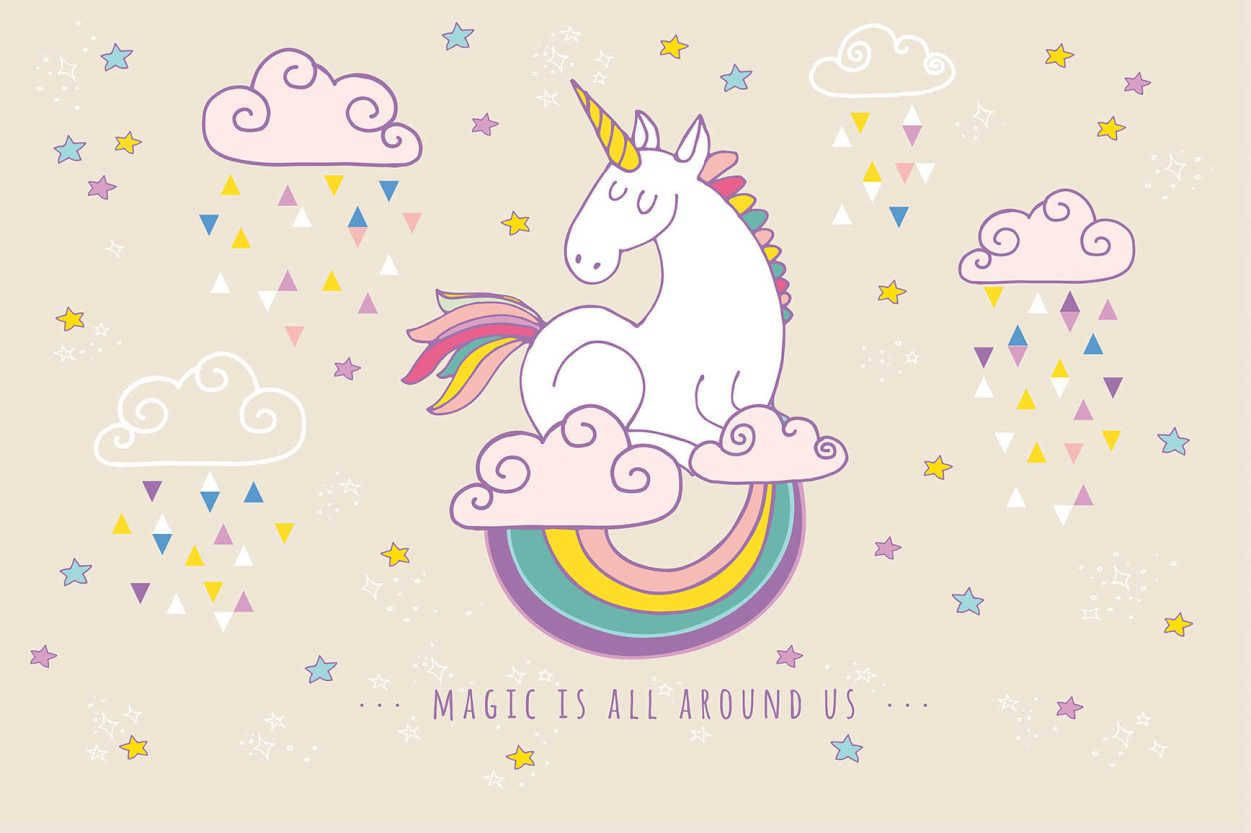 Unicornio con cabello colorido sentado en un arcoíris invertido con una nube que dice la magia está a nuestro alrededor.