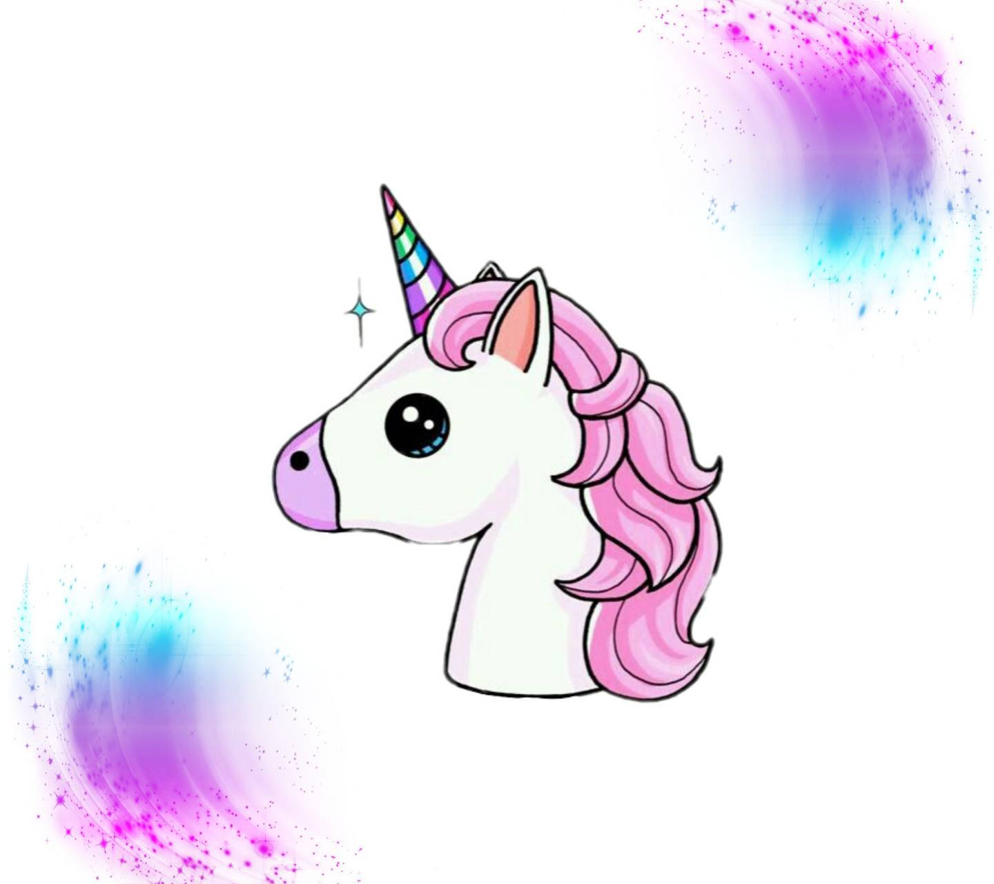 Unicornio rosa con cuerno brillante en una pared blanca con salpicaduras y manchas de pintura neón.