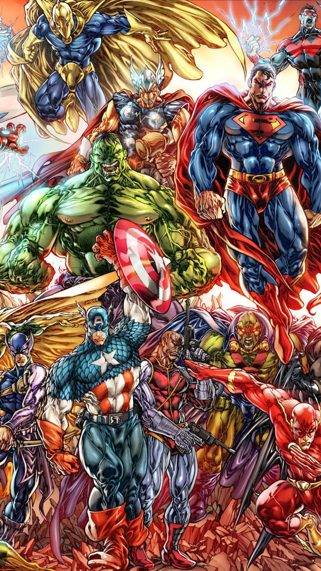 Fondo colorido de cómics de Marvel con héroes y villanos.