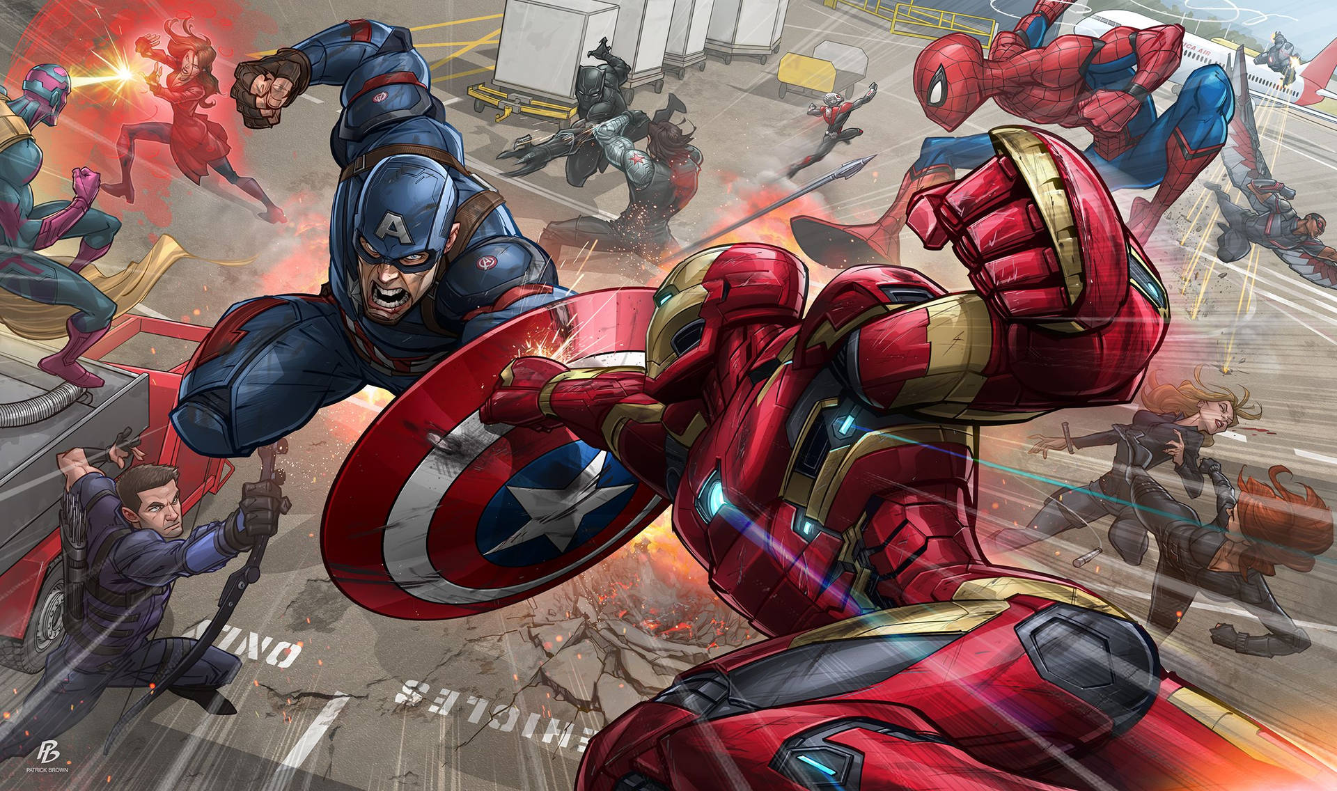 Superhéroes de Marvel, Capitán América e Iron Man, luchando.