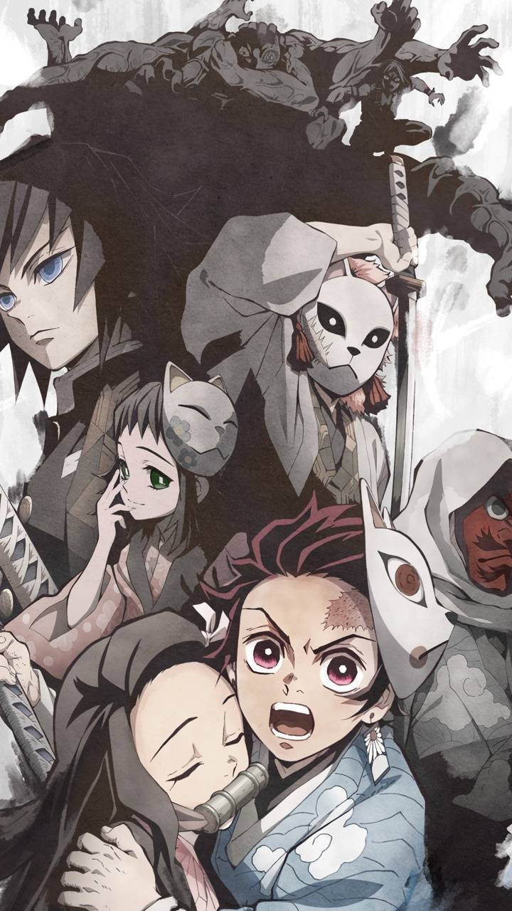 Fondo de pantalla de Demon Slayer de los discípulos de Urokodaki, con Giyu y demonios.