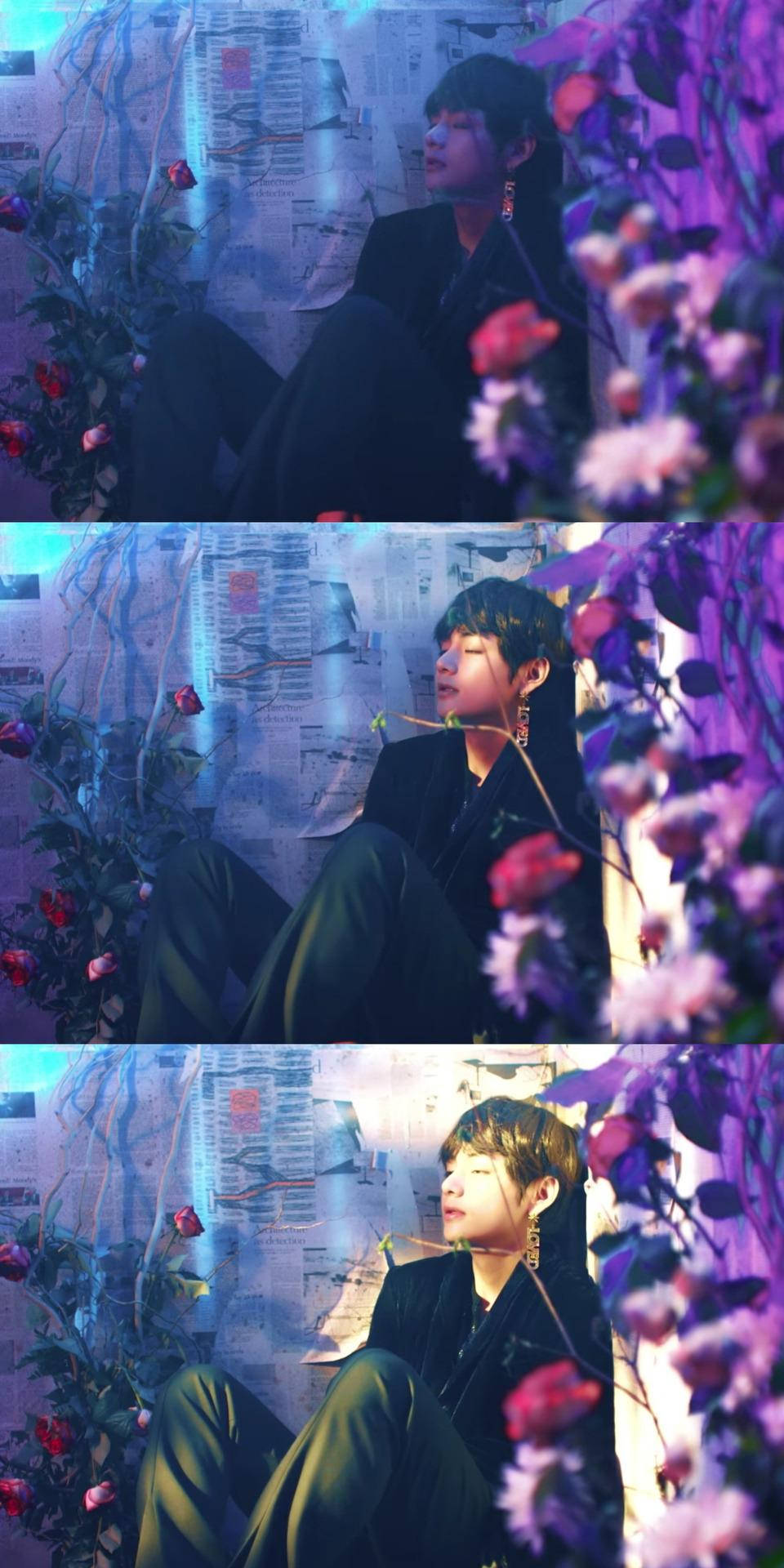 V de BTS con fondo floral estético Fondos de pantalla