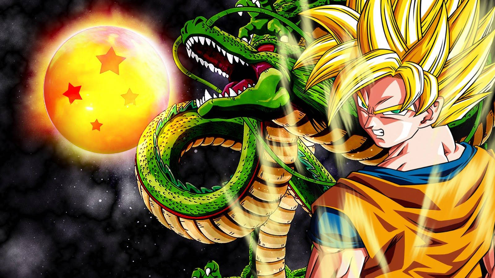 Fondo de pantalla de Super Saiyan 2 Goku, Shenlong y la Esfera del Dragón de 4 estrellas en capas. — Goku Fondos de pantalla