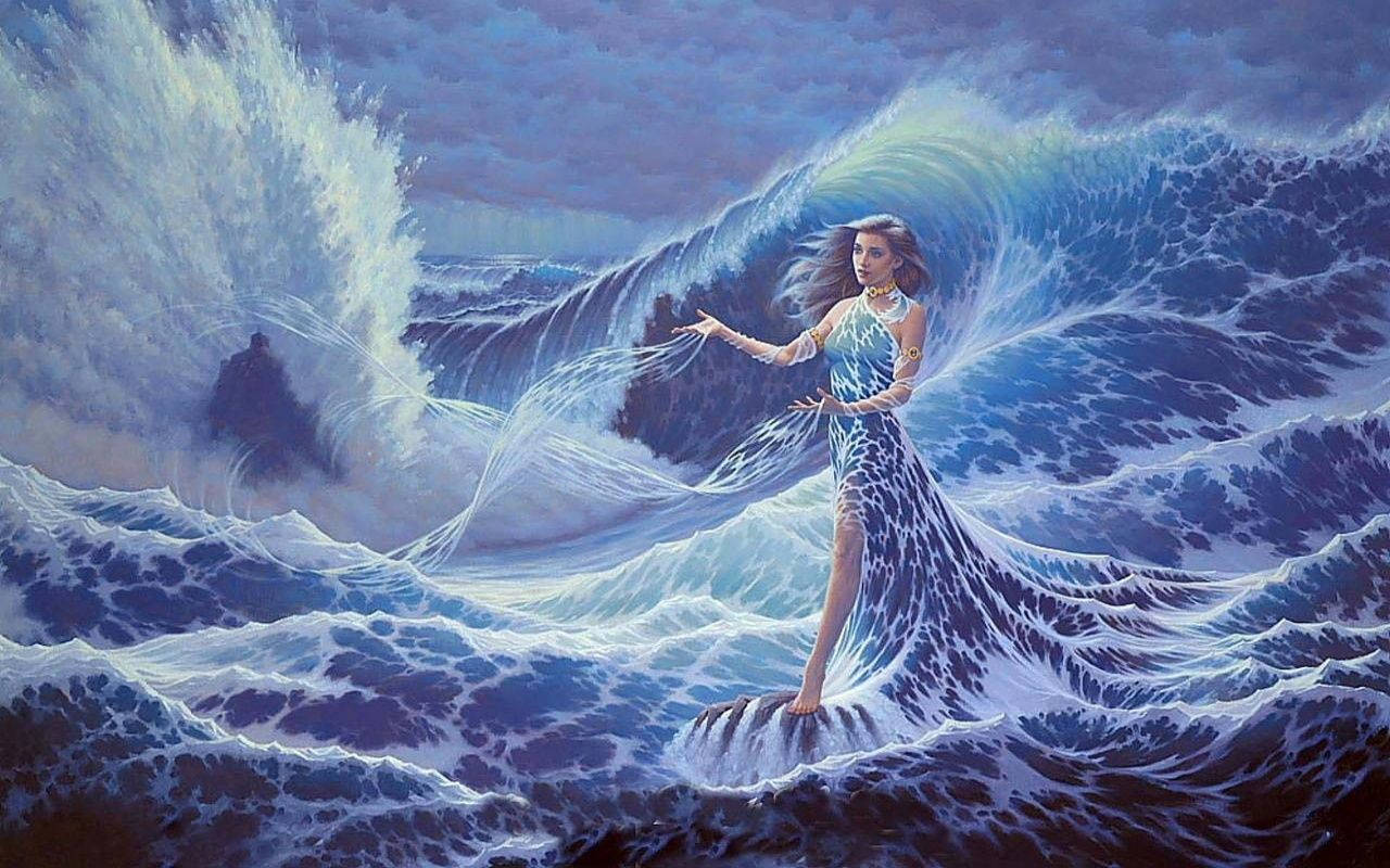 Fondo de pantalla misterioso de hermosa sirena controlando las olas del mar.