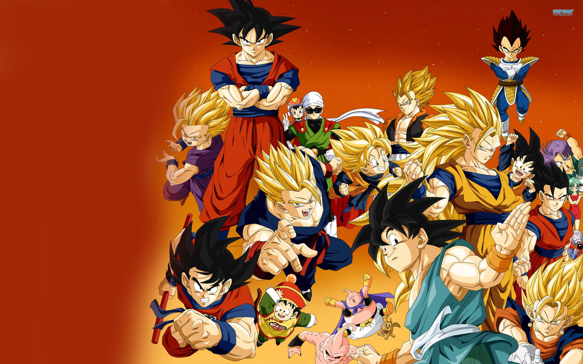Dragon Ball Z Super Saiyajin San Goku, Vegeta, Gohan, Goten y otros personajes.