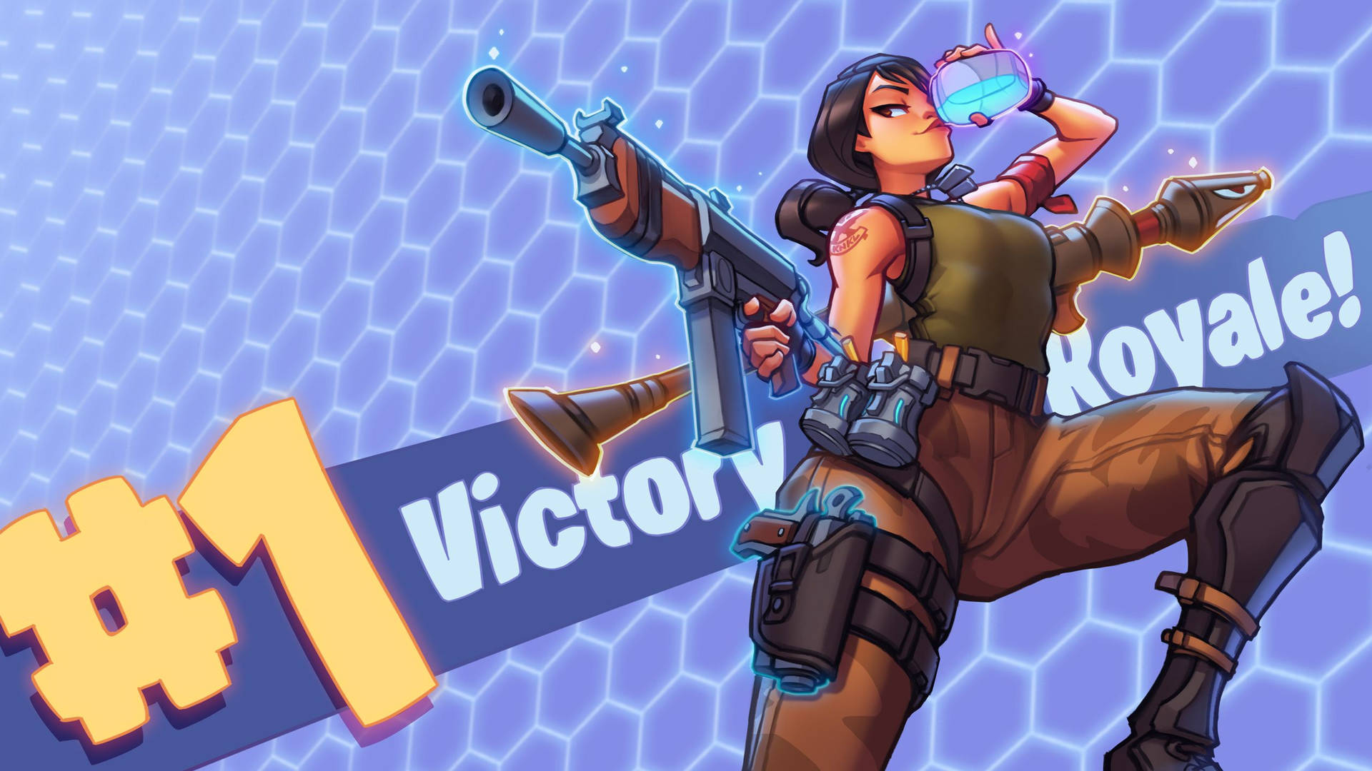 Un personaje femenino de Fortnite sosteniendo un arma y bebiendo una poción de escudo wallpaper.