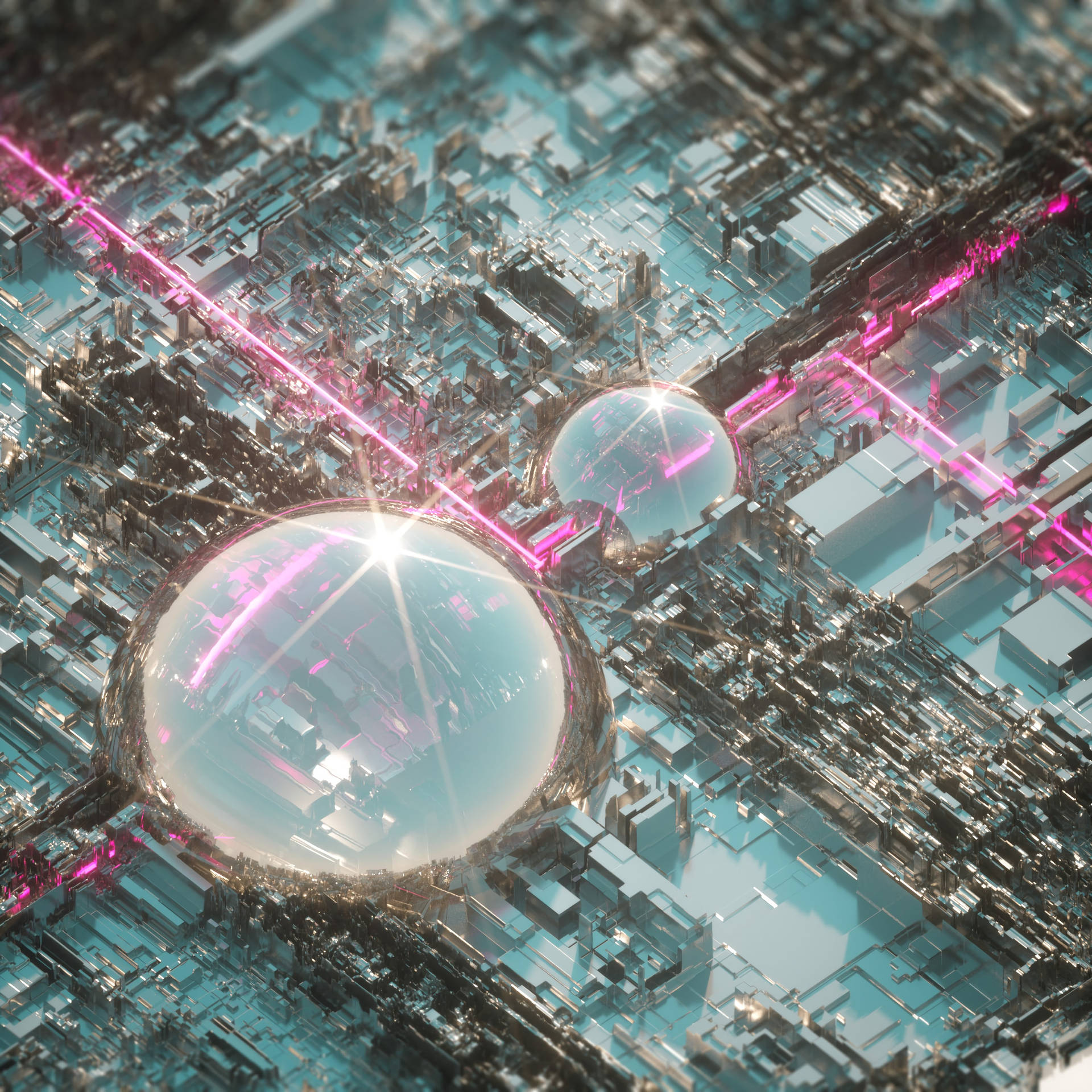 Fondo de pantalla de vista elevada 3D de ciudad con dos enormes domos transparentes