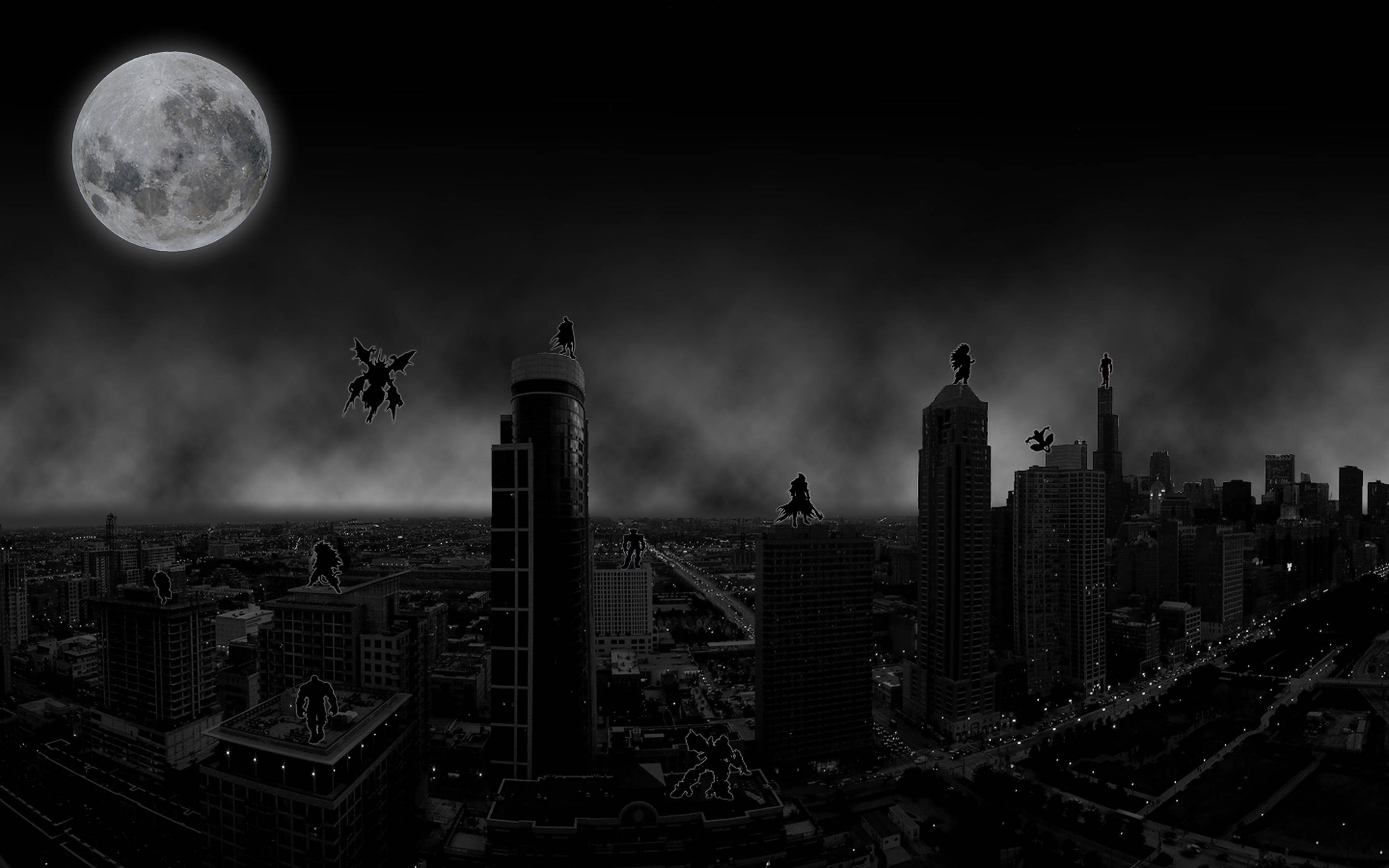 Vista cautivadora de una ciudad oscura bajo la luna Fondos de pantalla