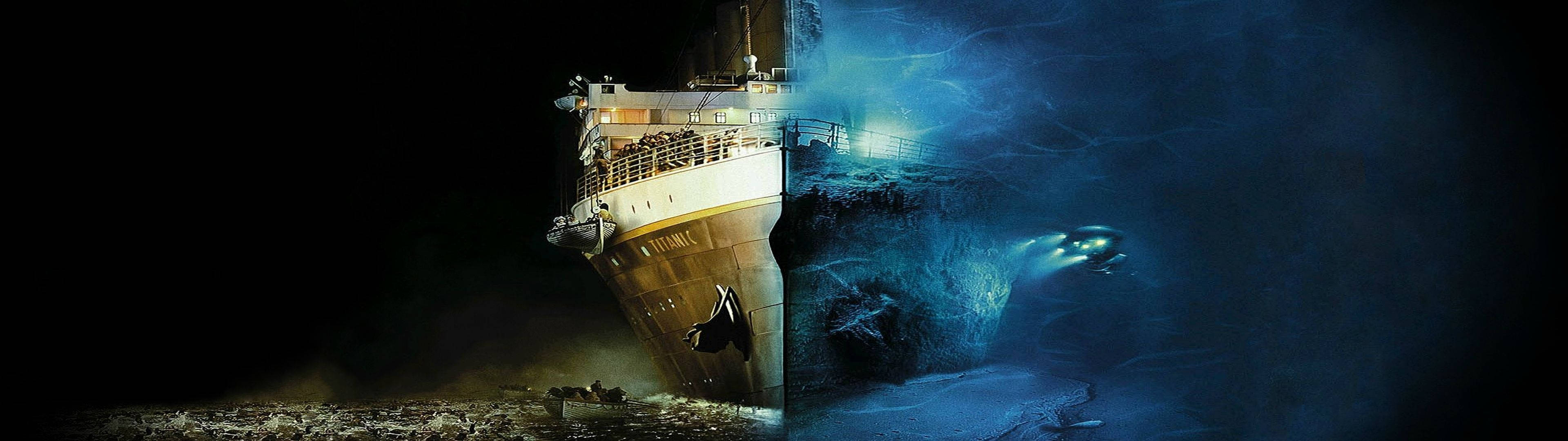 Fondo de pantalla de doble monitor del Titanic sobre y bajo el mar