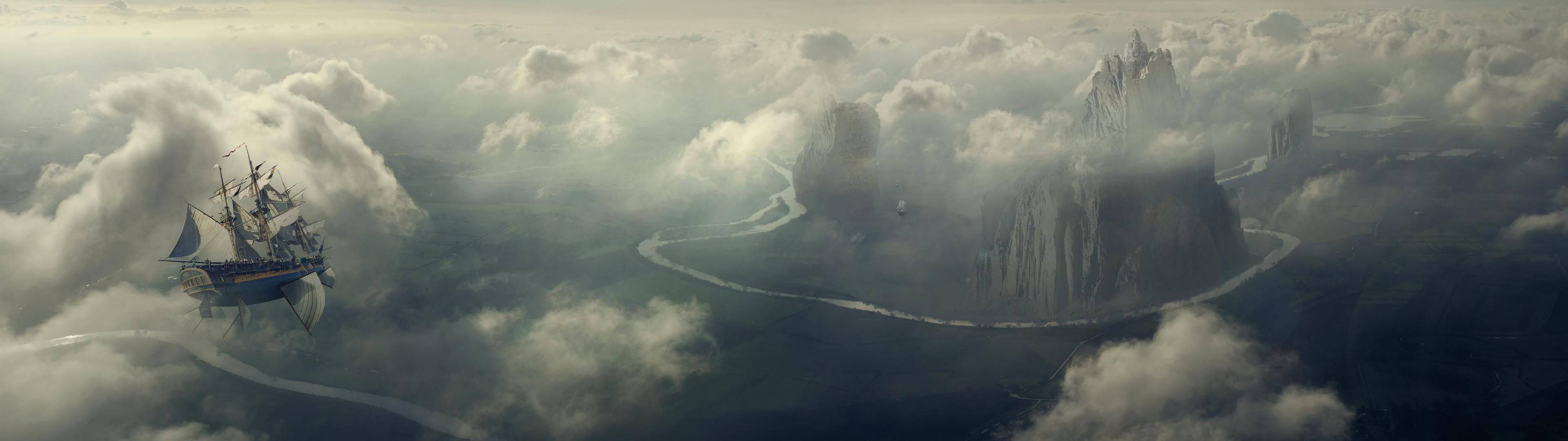 Vista épica de un barco flotando entre las nubes en el cielo Fondos de pantalla