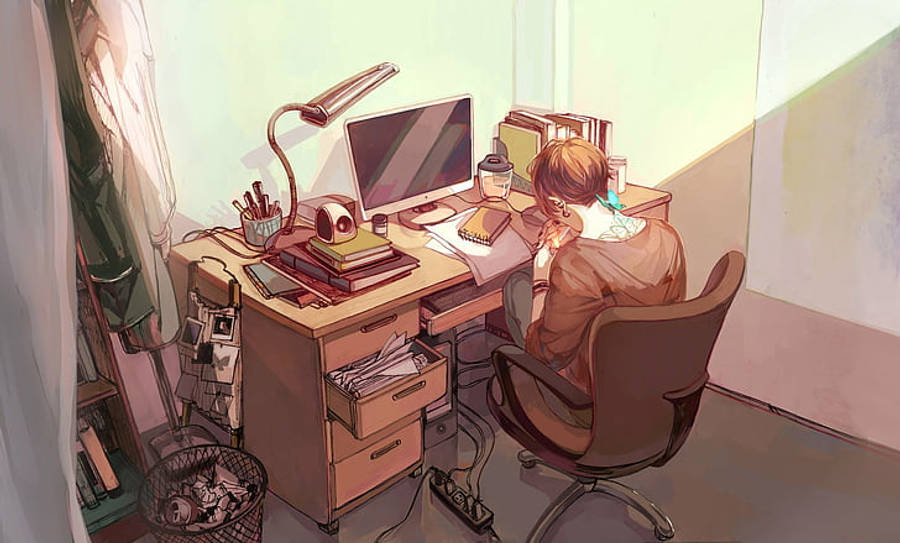 Vista trasera de la estación de trabajo con laptop de un chico anime Fondos de pantalla