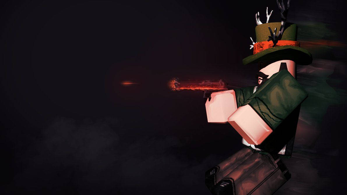 Gran fondo de pantalla de diseño de avatar vaquero en el juego en línea Roblox.