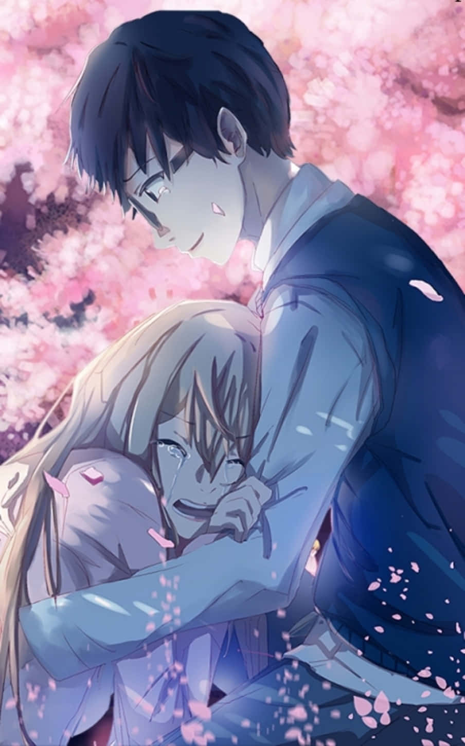 Your Lie In April iPhone: Kaori llorando abrazando a Kōsei Fondos de pantalla