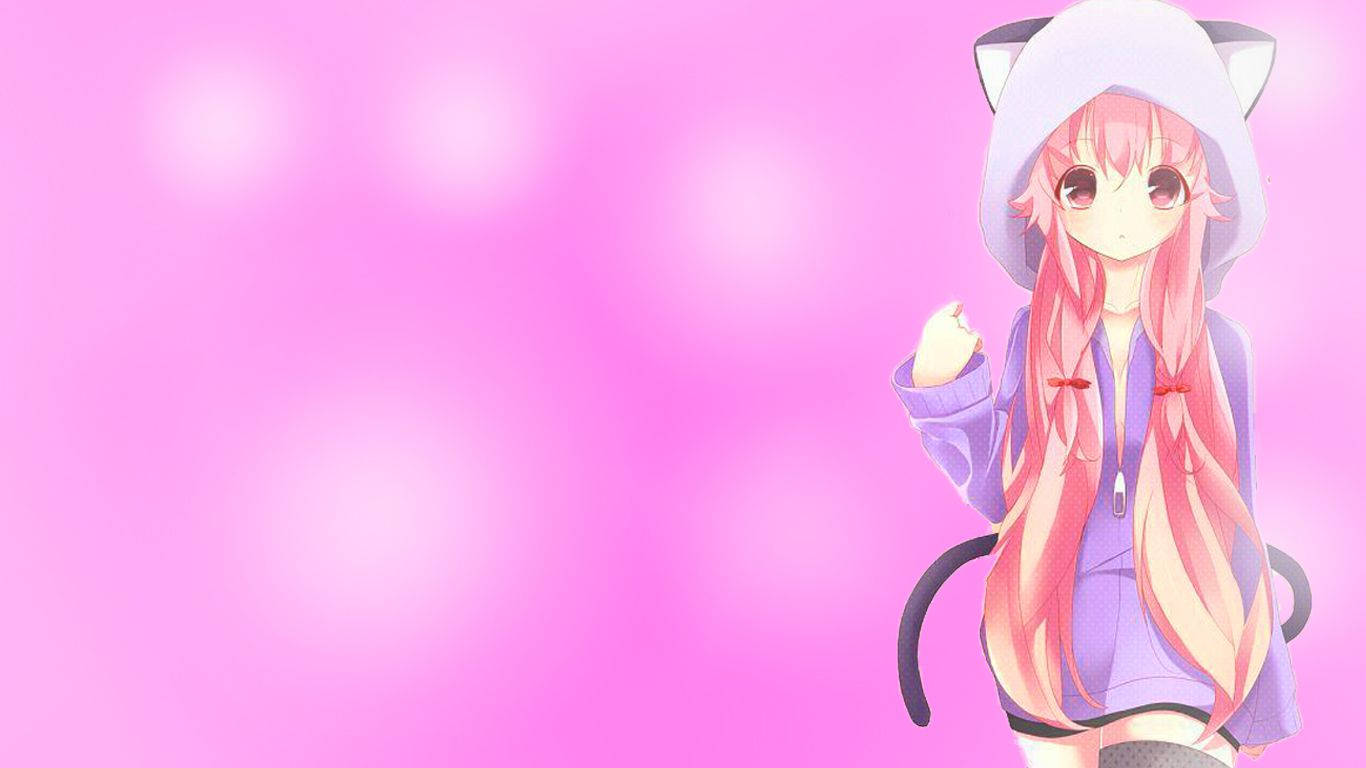 Yuno Gasai con sudadera con capucha sobre fondo rosa kawaii Fondos de pantalla