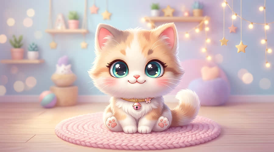 gatito,gato,chibi,kawaii,lindo,ilustración,caricatura,pastel,mascota,animal,ojos grandes,adorable,luces de hadas,acogedor,habitación,interior,arte digital,render 3d,dulce,esponjoso