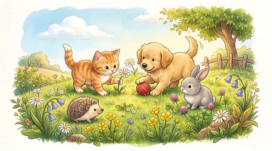 cachorro,gatito,conejo,erizo,animales,prado,flores,primavera,verano,naturaleza,exterior,acuarela,ilustración,lindo,kawaii,infantil,guardería,cuento de hadas,libro de cuentos,dulce