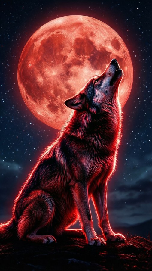 Fondo de pantalla místico de la silueta de un lobo rojo neón aullando a una luna roja.